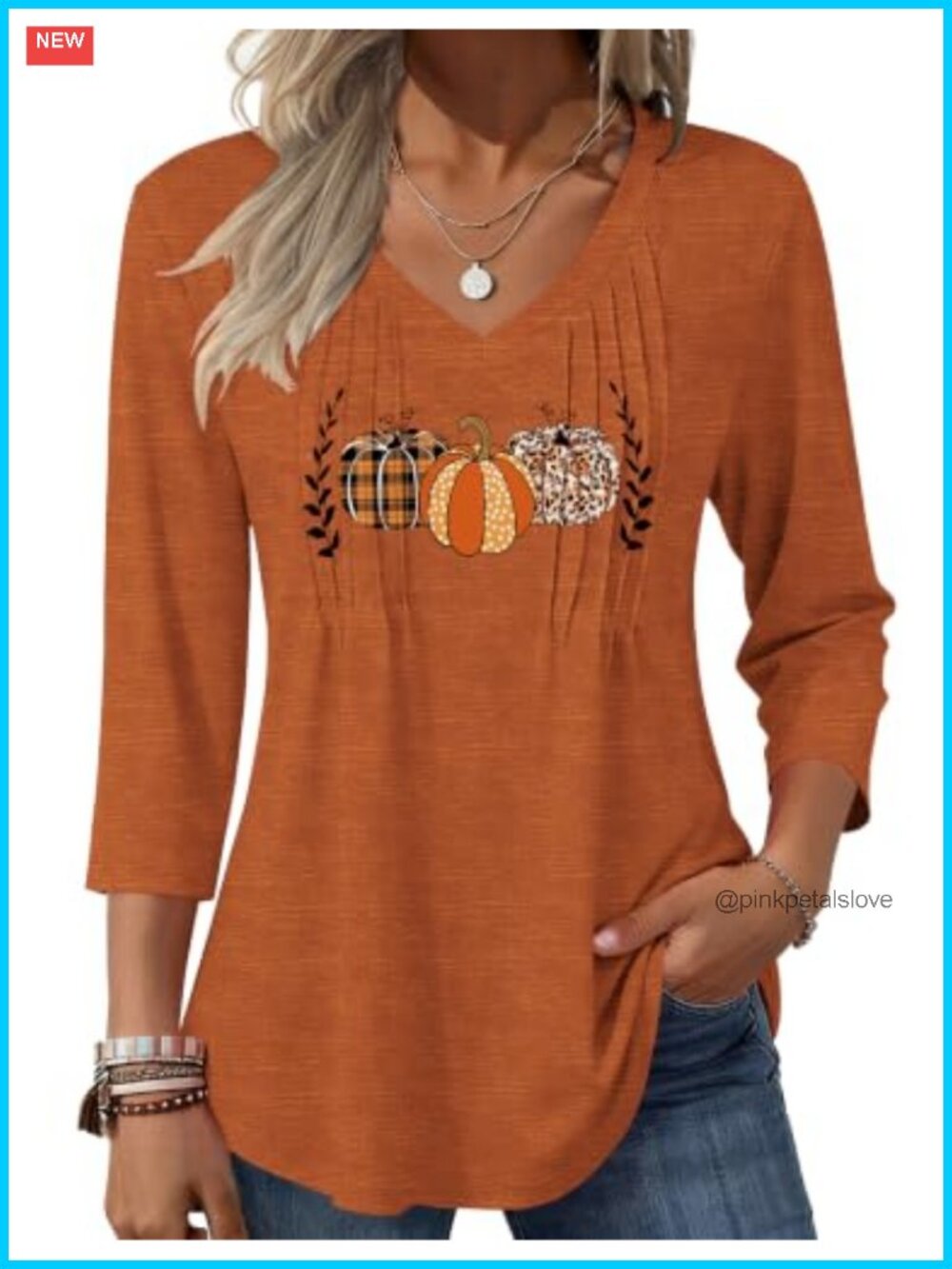 Womens 3/4 Sleeve V Neck Pleated Boho Floral Blouse Tunic Top